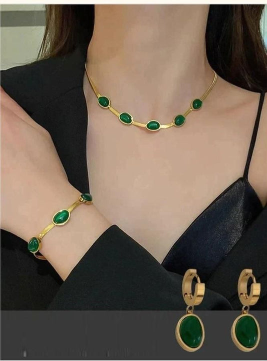Silvernes Oval Green Crystal Pendant Necklace Set With Bracelet